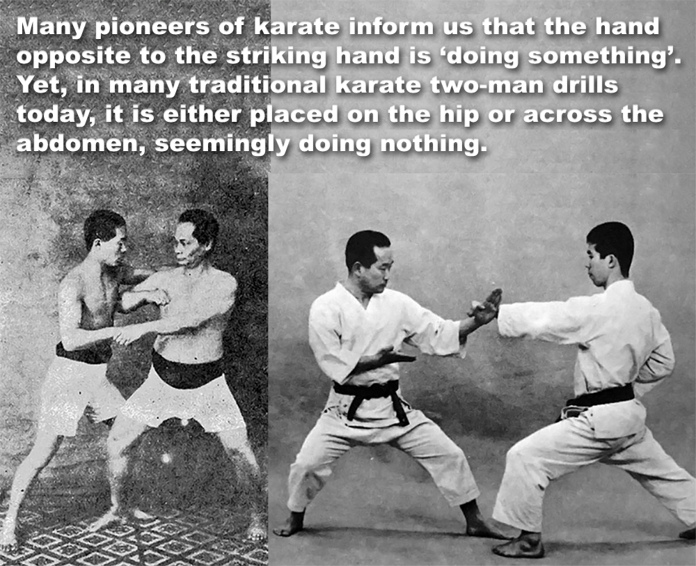 Many pioneers of karate inform us that the hand opposite to the striking hand is ‘doing something’.  image