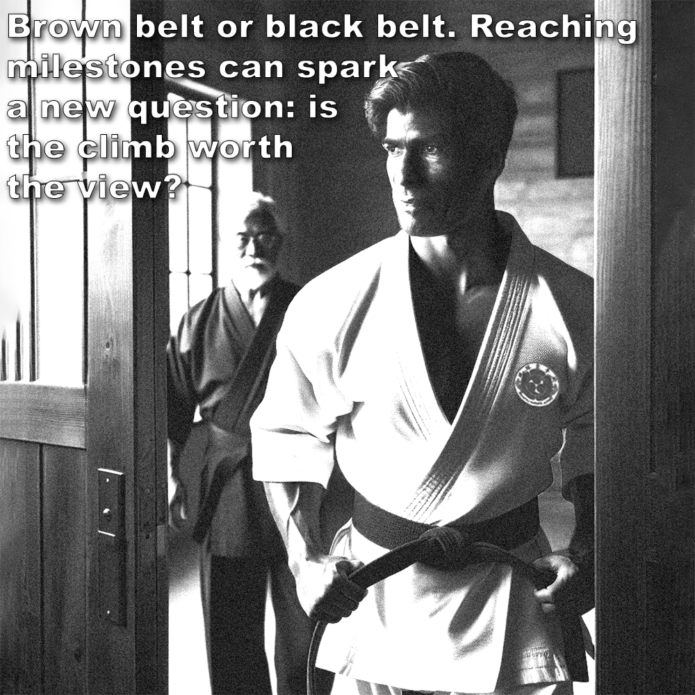 Brown belt or black belt. Reaching milestones can spark a new question: is the climb worth the view? image