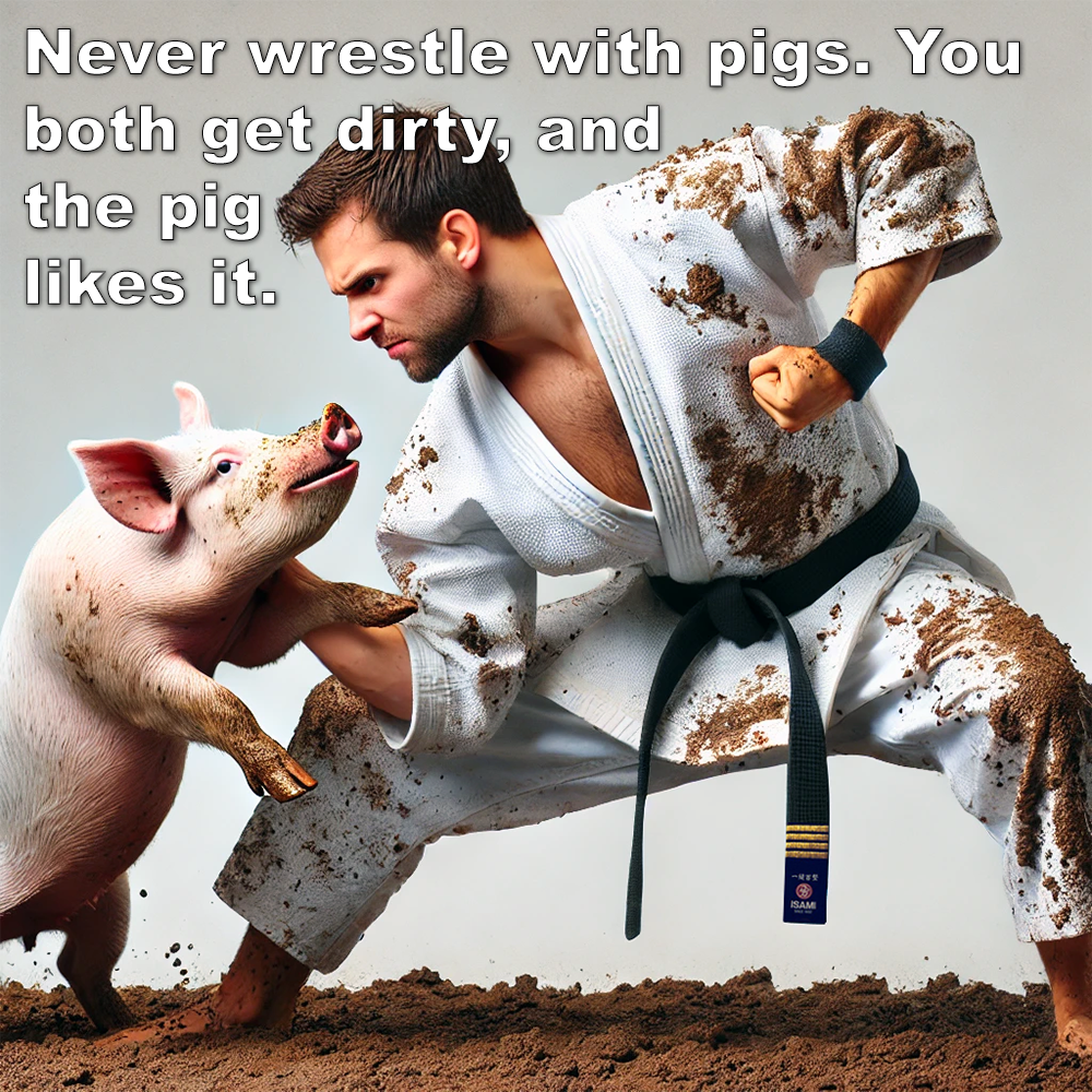 Never wrestle with pigs. You both get dirty, and the pig likes it. image